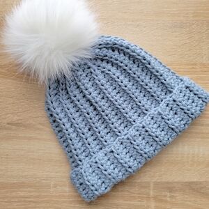 Crochet Pom-Pom Hat/beanie - Stone Blue Color Hat W/ White Pom Pom